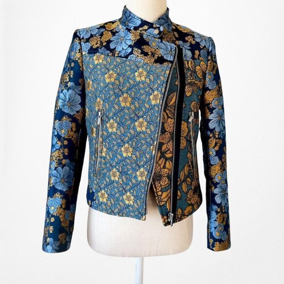 Zara Blue Yellow Floral Embroidered Shoulder Padded Blazer Jacket Size XS - Picture 4 of 7